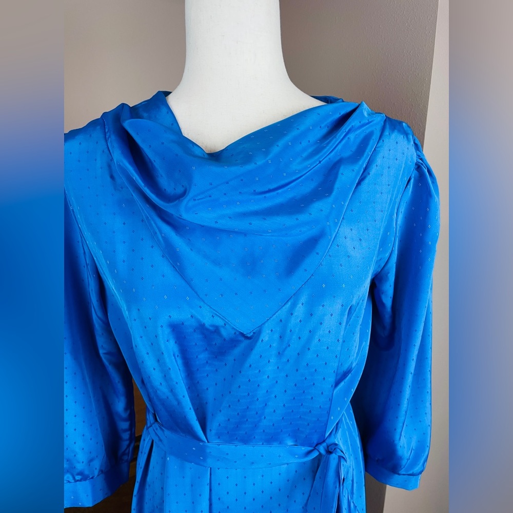 Vintage royal blue midi dress features a distinctive cowl neck and a tie waist - Picture 2 of 7
